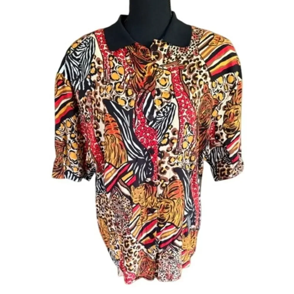 SK & Company Vintage 90s Safari Animal Print Rayon Blouse Women's Medium 1990s